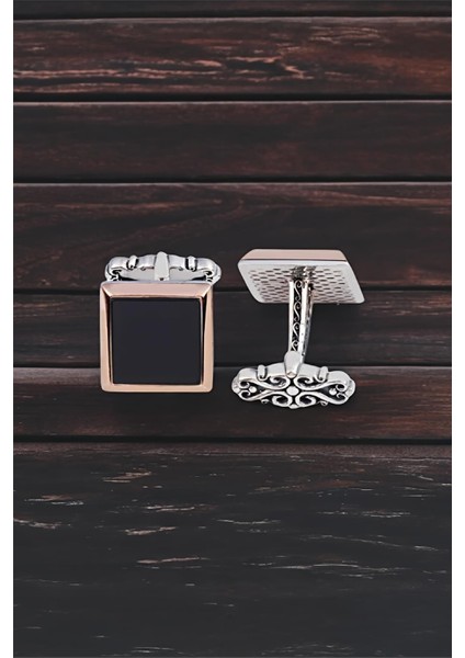 Gümüş Onix Taşlı Düz Kol Düğmesi