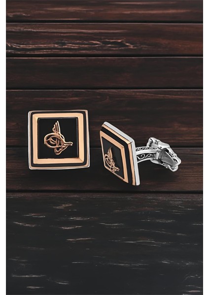 Gümüş Onix Taşlı Osmanlı Tuğralı Kol Düğmesi