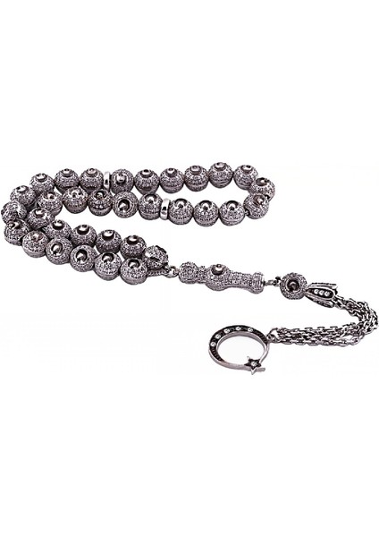 Gümüş Zirkon Taşlı Ay Yıldız Temalı Tesbih