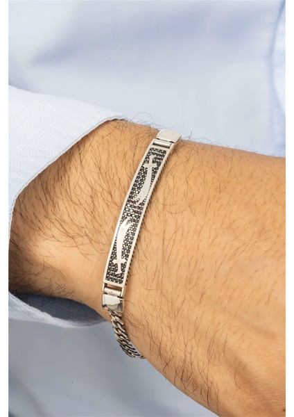 Çift Kılıç Desenli Siyah Taşlı Gümüş Erkek Bileklik