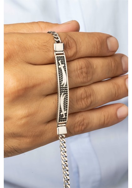 Çift Kılıç Desenli Siyah Taşlı Gümüş Erkek Bileklik fiyatları
