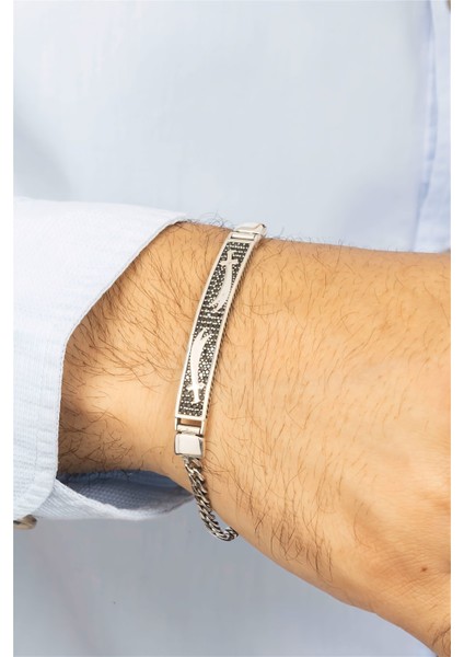 Çift Kılıç Desenli Siyah Taşlı Gümüş Erkek Bileklik modelleri