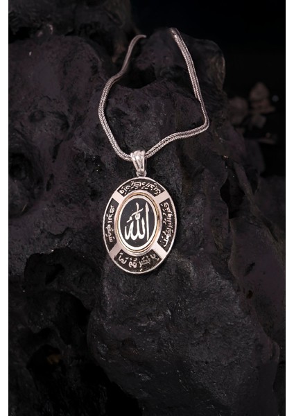 925 Ayar Gümüş Allah Yazılı Oval Erkek Cevşen Kolye
