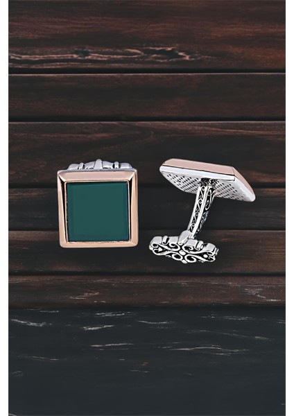 Gümüş Yeşil Akik Taşlı Kare Kol Düğmesi