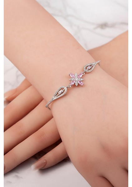 Pembe Zirkon Taşlı Rodyumlu 925 Ayar Gümüş Çiçek Bayan Bileklik fiyatları