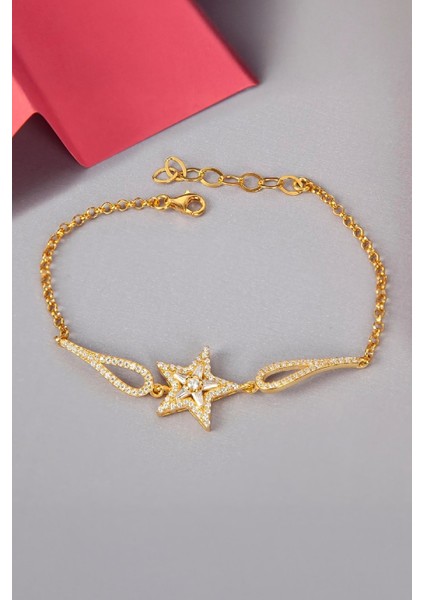 925 Ayar Gümüş Altın Kaplama Zirkon Taşlı Bayan Yıldız Bileklik