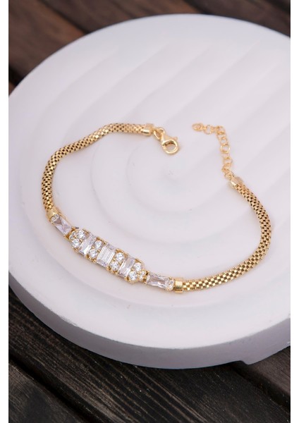 925 Ayar Gümüş Altın Renk Küp Zincir Baget Bayan Bileklik