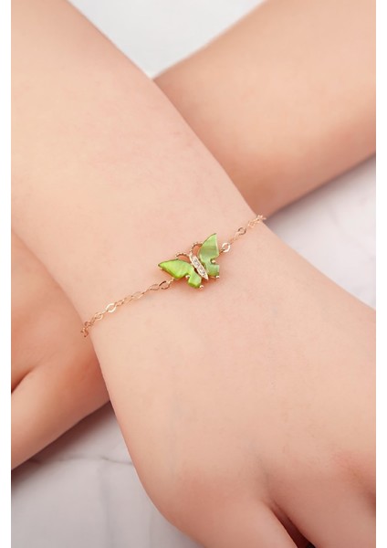 Yeşil Opal Rose Renk 925 Ayar Gümüş Kelebek Bayan Bileklik fiyatları
