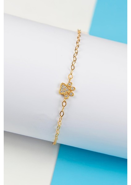 Altın Kaplama Zirkon Taşlı 925 Ayar Gümüş Minimal Pati Bayan Bileklik