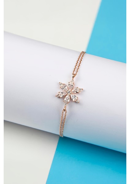 Beyaz Zirkon Taşlı Rose Renk 925 Ayar Gümüş Çiçek Bayan Bileklik