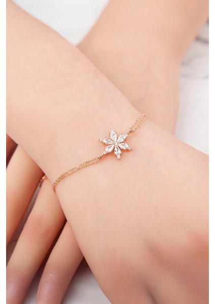 Beyaz Zirkon Taşlı Rose Renk 925 Ayar Gümüş Çiçek Bayan Bileklik fiyatları