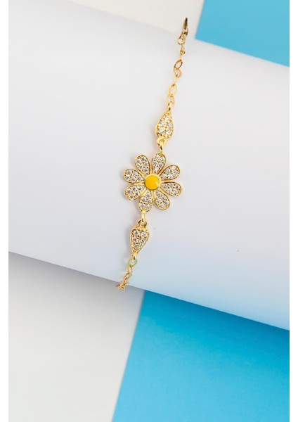 Mineli Zirkon Taşlı Altın Kaplama 925 Ayar Gümüş Bayan Papatya Bileklik