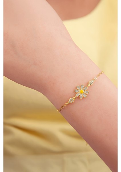 Mineli Zirkon Taşlı Altın Kaplama 925 Ayar Gümüş Bayan Papatya Bileklik modelleri