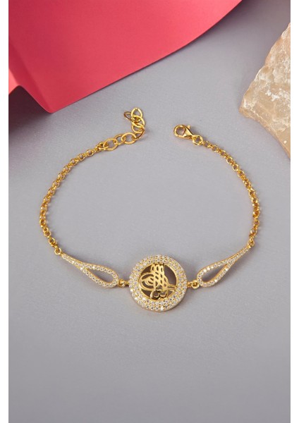 925 Ayar Gümüş Altın Kaplama Zirkon Taşlı Tuğra Bayan Bileklik