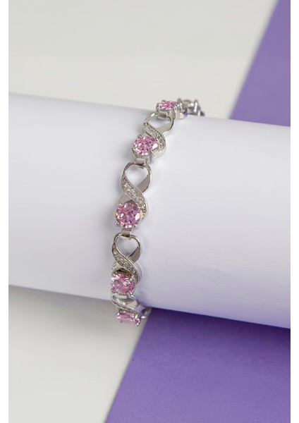 Pembe Zirkon Taşlı Rodyumlu 925 Ayar Gümüş Su Yolu Sonsuzluk Bayan Bileklik