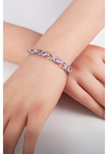 Pembe Zirkon Taşlı Rodyumlu 925 Ayar Gümüş Su Yolu Sonsuzluk Bayan Bileklik fiyatları