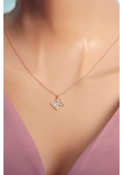 Rose Renk Zirkon Taşlı 925 Ayar Gümüş Kelebek Minimal Bayan Kolye fiyatları