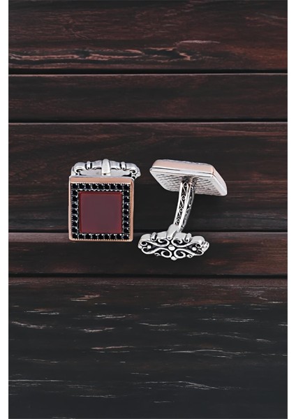 Gümüş Akik Taşlı Siyah Zirkon İşlemeli Kol Düğmesi