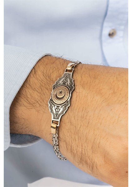 Ay Yıldızlı İşlemeli Plaka Gümüş Erkek Bileklik