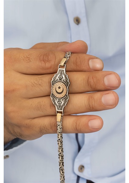 Ay Yıldızlı İşlemeli Plaka Gümüş Erkek Bileklik fiyatları