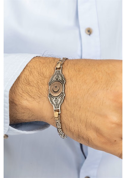 Ay Yıldızlı İşlemeli Plaka Gümüş Erkek Bileklik modelleri