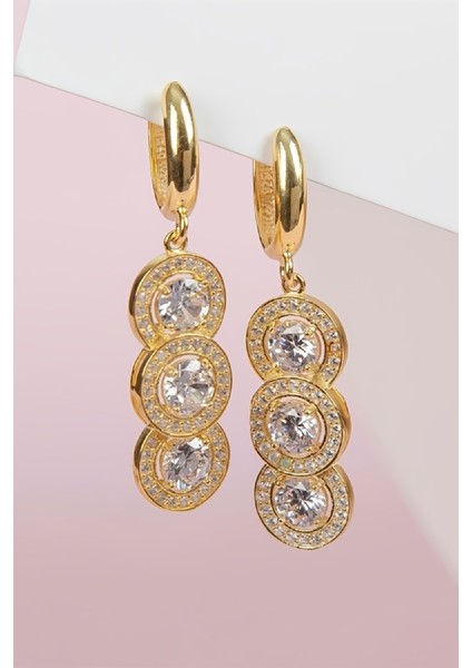 Üç Sıra Zirkonlu Altın Kaplama 925 Ayar Gümüş Küpe