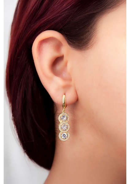 Üç Sıra Zirkonlu Altın Kaplama 925 Ayar Gümüş Küpe fiyatları