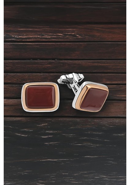 Gümüş Kırmızı Akik Taşlı Kol Düğmesi