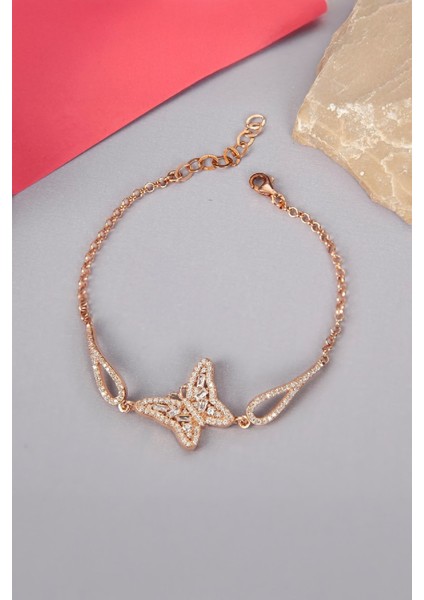 925 Ayar Gümüş Baget Zirkon Taşlı Rose Kelebek Bayan Bileklik