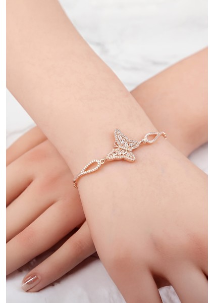 925 Ayar Gümüş Baget Zirkon Taşlı Rose Kelebek Bayan Bileklik fiyatları