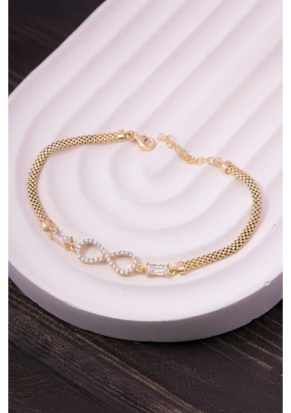 925 Ayar Gümüş Altın Kaplama Baget Taşlı Sonsuzluk Bayan Bileklik