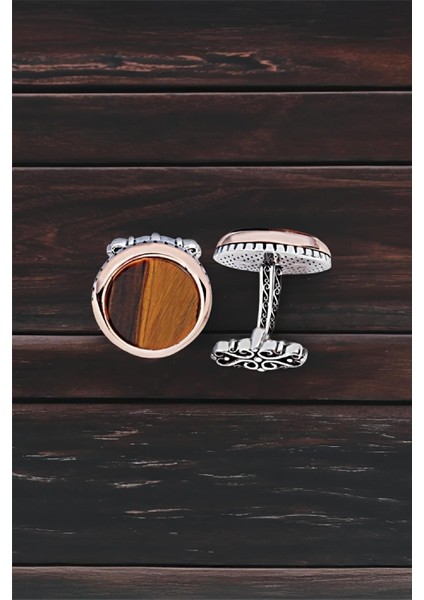 Gümüş Kaplan Gözü Taşlı Düz Yuvarlak Kol Düğmesi