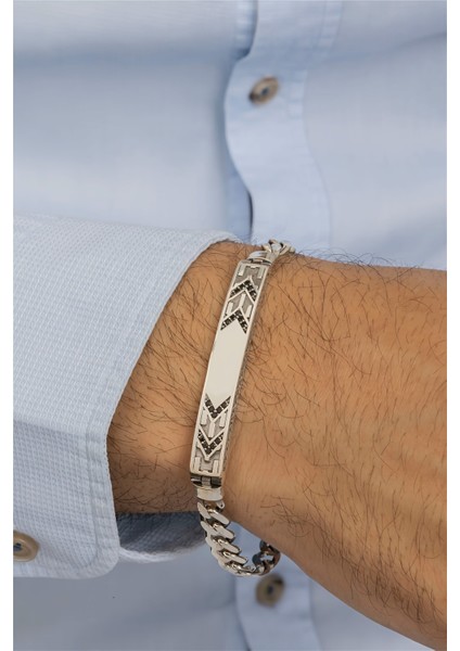 Geometrik Desenli Plaka Tasarım Gümüş Erkek Bileklik modelleri