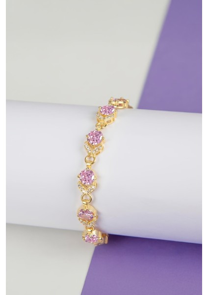 Pembe Zirkon Taşlı Altın Kaplama 925 Ayar Gümüş Su Yolu Bayan Bileklik
