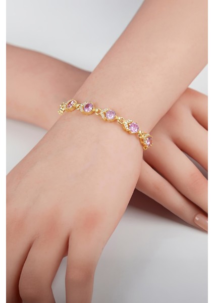 Pembe Zirkon Taşlı Altın Kaplama 925 Ayar Gümüş Su Yolu Bayan Bileklik fiyatları