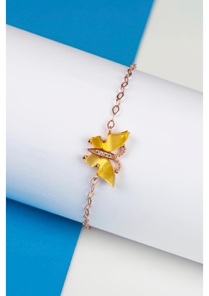 Sarı Opal Rose Renk 925 Ayar Gümüş Kelebek Bayan Bileklik