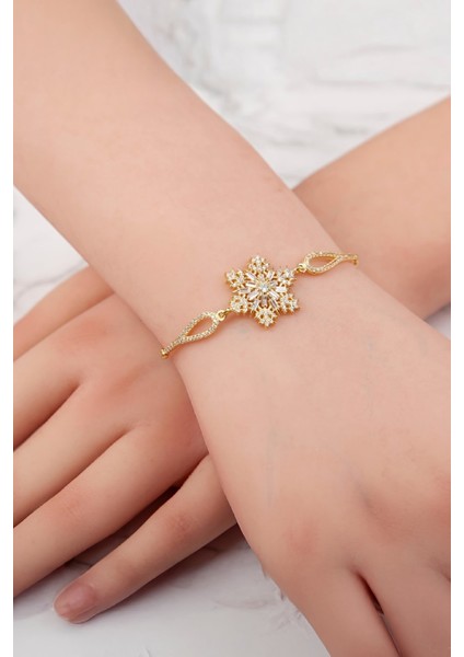 925 Ayar Gümüş Altın Kaplama Baget Süslemeli Kar Tanesi Bayan Bileklik fiyatları