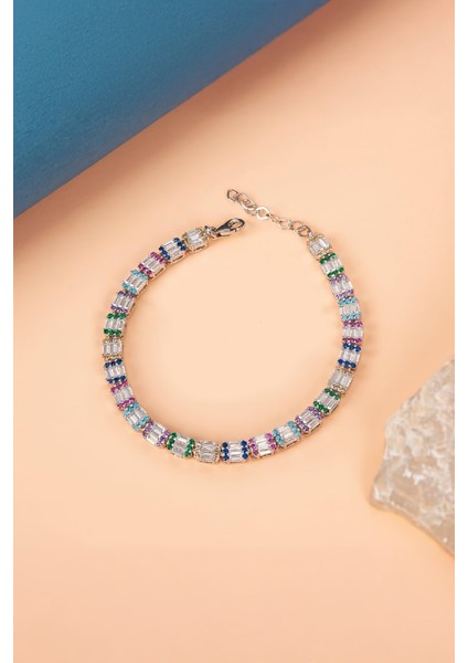 Mix Zirkon Taşlı Baget Süslemeli 925 Ayar Gümüş Su Yolu Bayan Bileklik