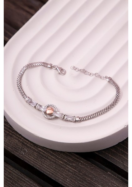 925 Ayar Gümüş Baget Taşlı Rodyumlu Ortası Düz Circle Bayan Bileklik