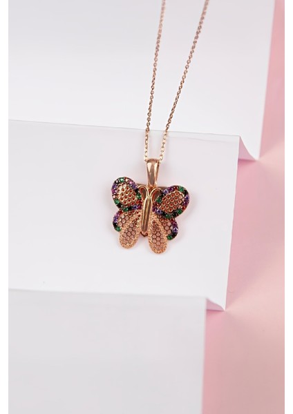 925 Ayar Gümüş Mix Taşlı Kelebek İsimli Bayan Kolye
