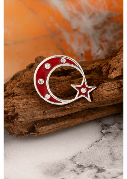 925 Ayar Gümüş Zirkon Taşlı Türk Bayrağı Rozet fiyatları