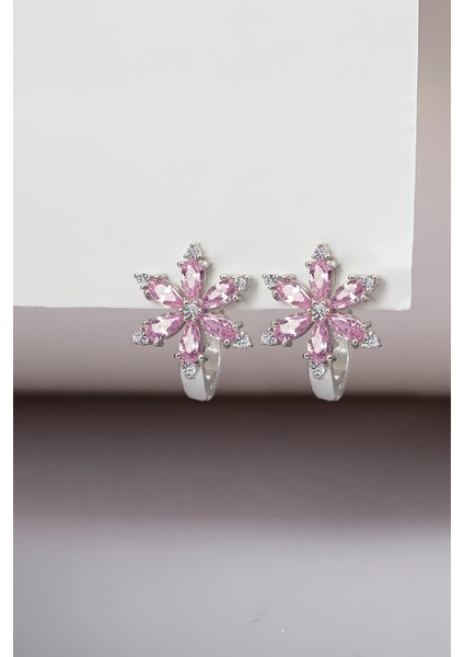 Pembe Zirkon Taşlı Rodyumlu 925 Ayar Gümüş Çiçek Küpe