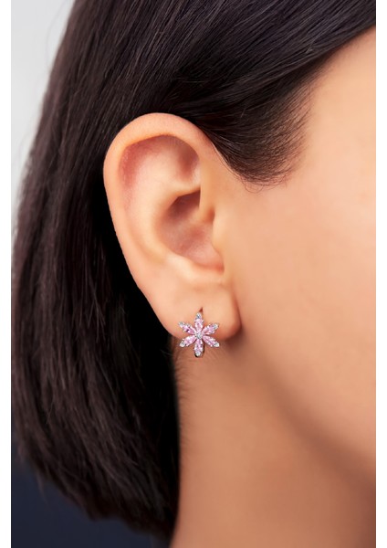 Pembe Zirkon Taşlı Rodyumlu 925 Ayar Gümüş Çiçek Küpe fiyatları