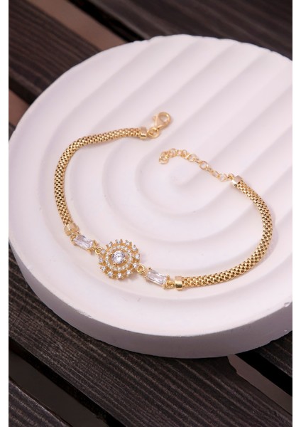 925 Ayar Gümüş Altın Kaplama Baget Ve Zirkon Süslemeli Güneş Bayan Bileklik