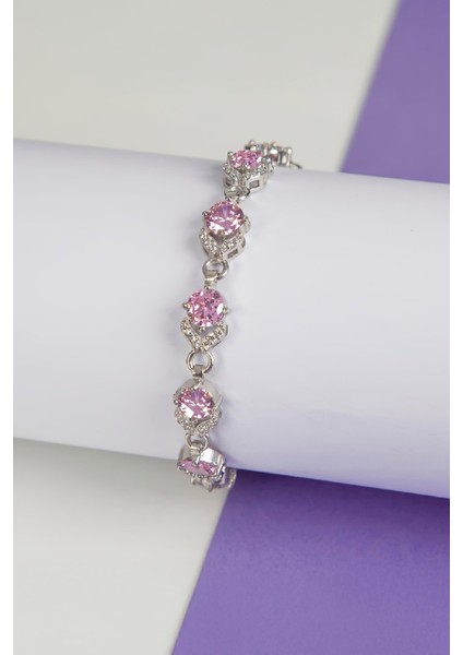 Pembe Zirkon Taşlı Rodyumlu 925 Ayar Gümüş Su Yolu Bayan Bileklik