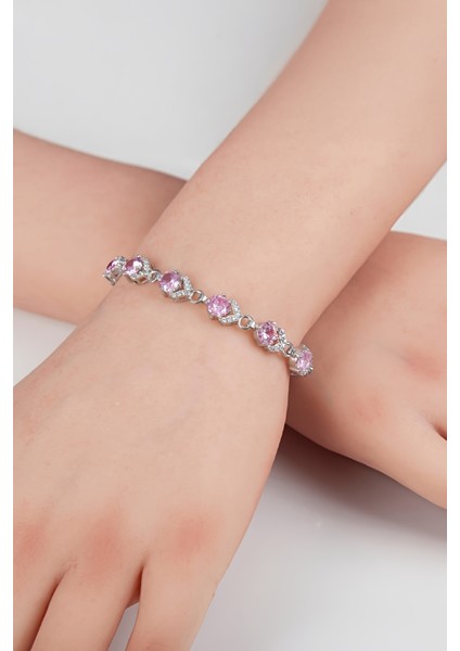 Pembe Zirkon Taşlı Rodyumlu 925 Ayar Gümüş Su Yolu Bayan Bileklik fiyatları
