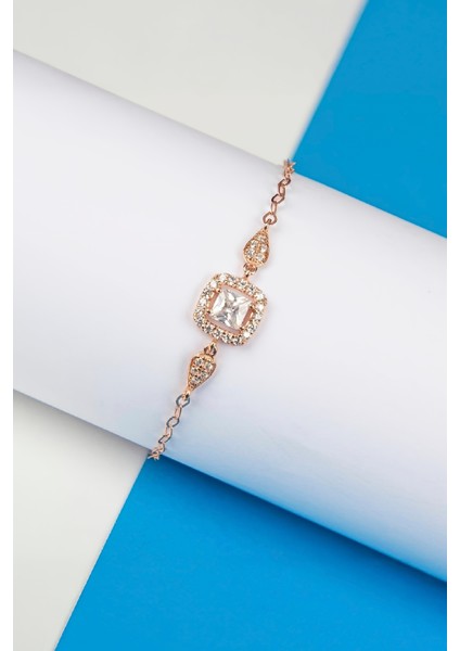 Zirkon Taşlı Rose Renk Kare 925 Ayar Gümüş Bayan Bileklik