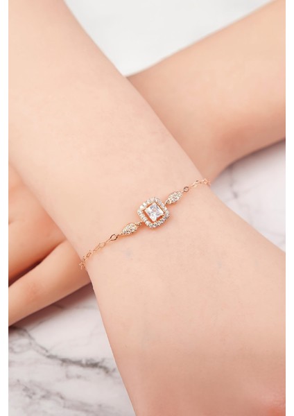 Zirkon Taşlı Rose Renk Kare 925 Ayar Gümüş Bayan Bileklik fiyatları