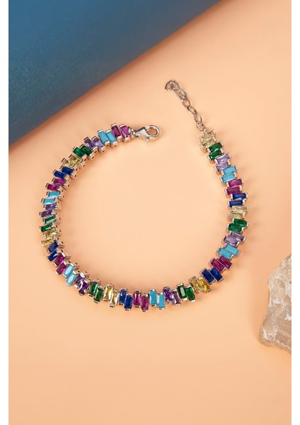 Rengarenk Baget Taşlı 925 Ayar Gümüş Su Yolu Bayan Bileklik