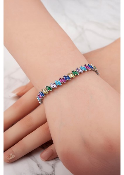 Rengarenk Baget Taşlı 925 Ayar Gümüş Su Yolu Bayan Bileklik fiyatları